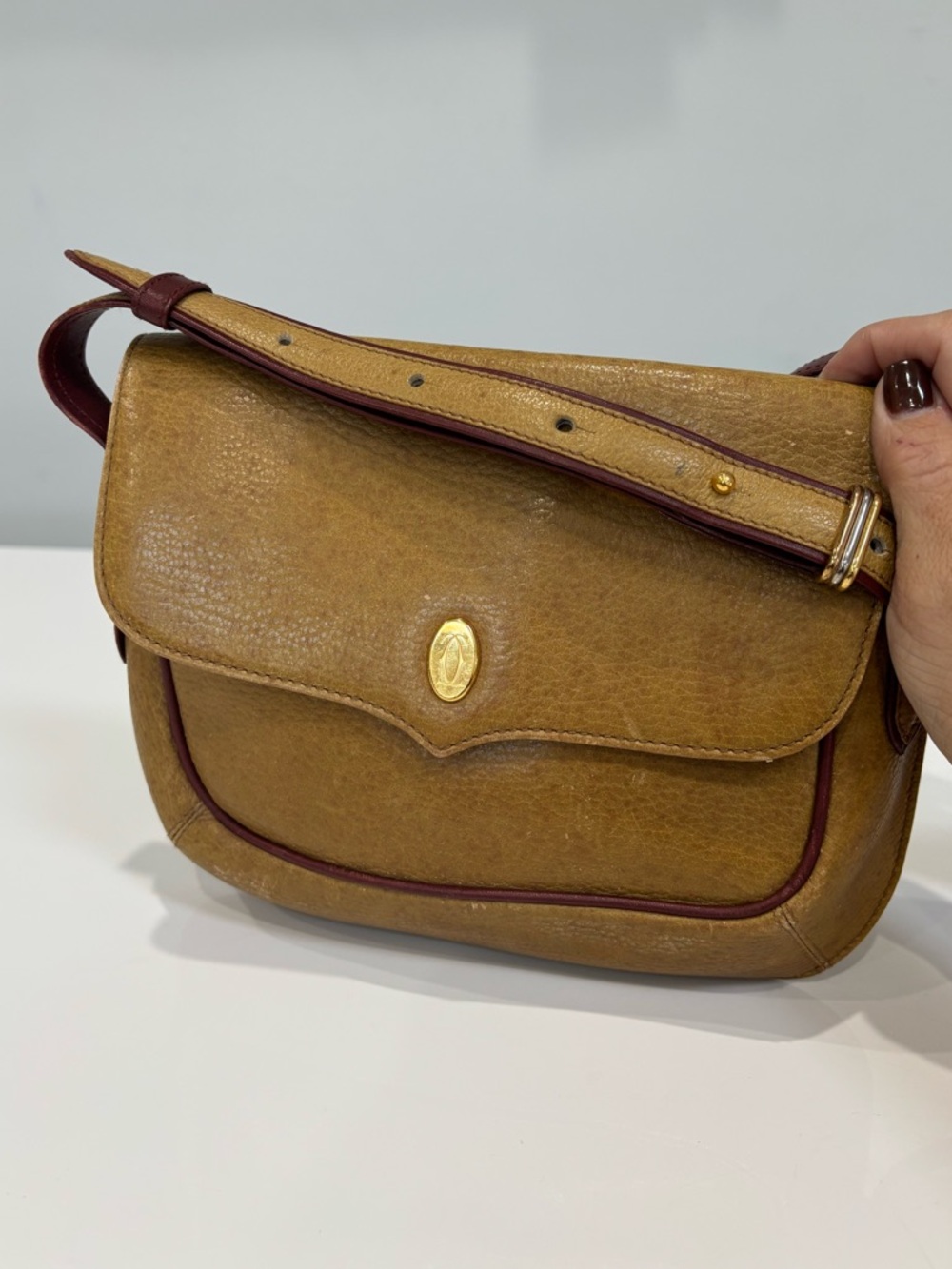 Cartier Must de Cartier Vintage Leather Crossbody Bag Camel Burgundy Trim Gold